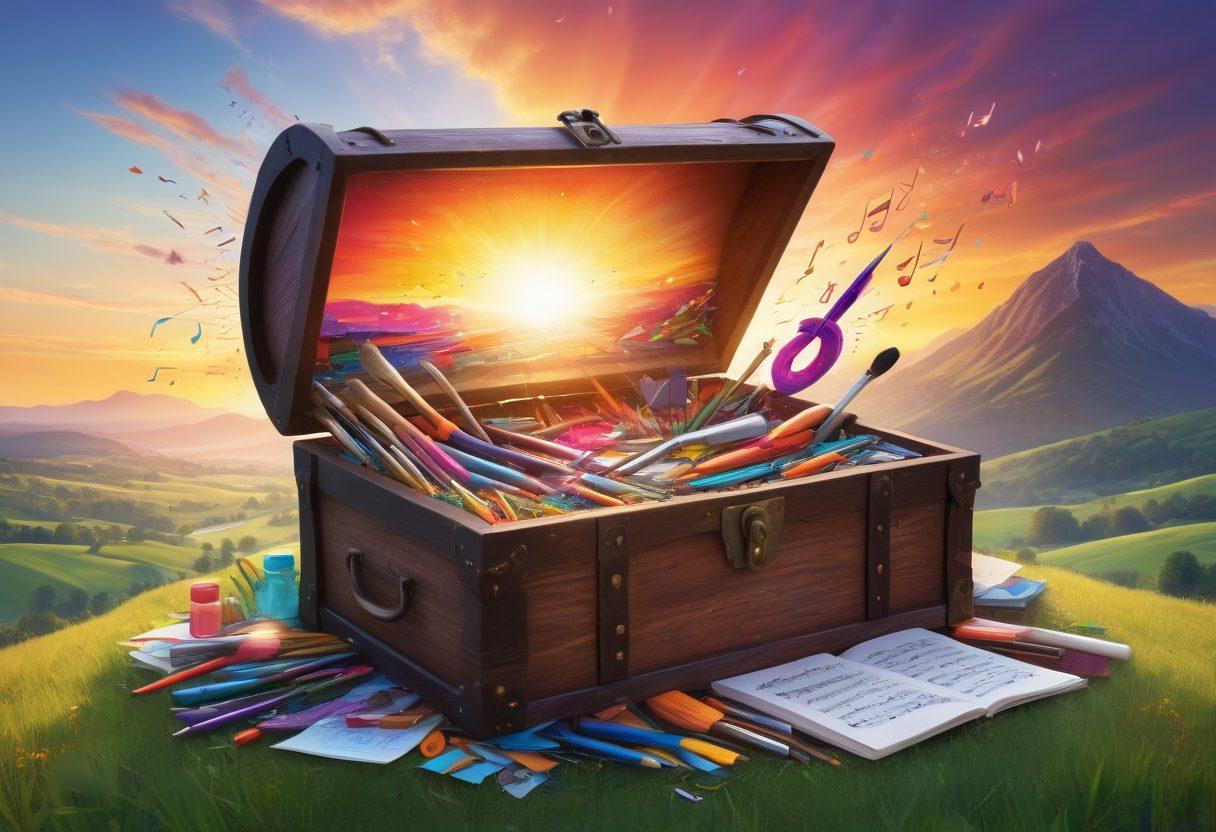 A vibrant illustration of an open treasure chest overflowing with colorful creative tools like brushes, pens, and music notes, symbolizing the unlocking of creative potential. Surrounding the chest are ethereal light bursts and curious blog icons, depicting the Tuano blogging community. In the background, a serene landscape with rolling hills and a vibrant sunset to represent growth and inspiration. colorful vector art. bright and cheerful style.