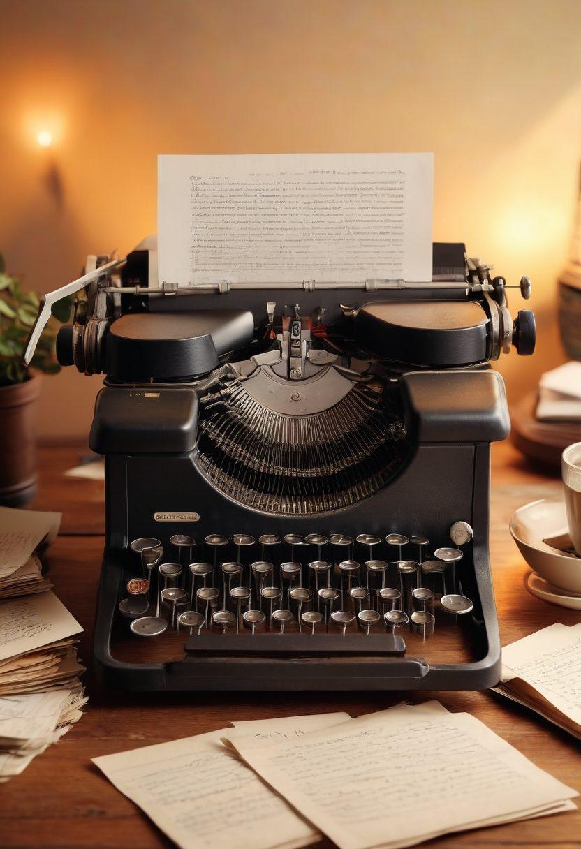 A close-up of a vintage typewriter with sheets of paper scattered around, showcasing handwritten notes and sketches. In the background, warm, inviting colors create a cozy writing atmosphere with a steaming cup of coffee. Overlay a faint glow of light highlighting the typewriter keys as if they are coming to life. super-realistic. warm tones. cozy atmosphere.