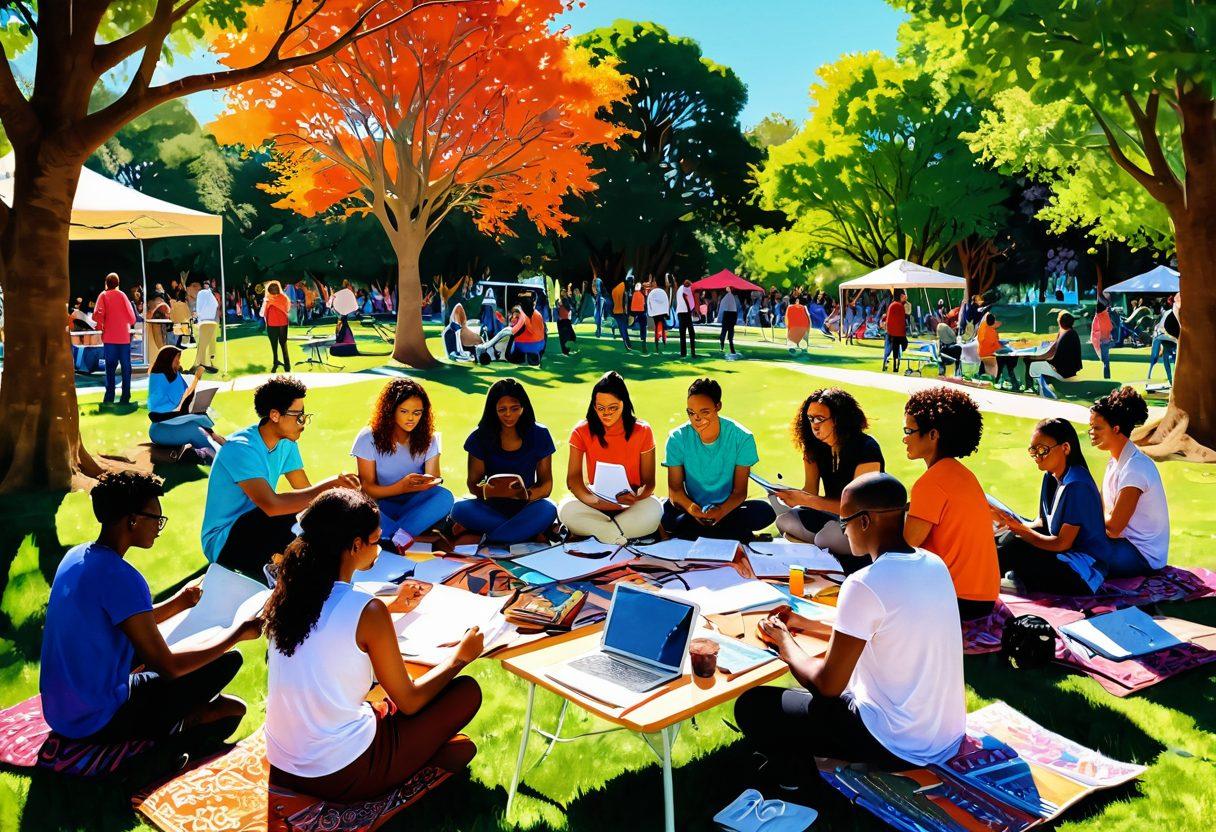 A vibrant scene showcasing diverse creatives collaborating in a sunlit park, surrounded by colorful art supplies, notebooks, and digital devices. Include a tapestry of cultural symbols and artistic expressions in the background, while people engage in discussions, sketching, and sharing ideas. Overall, capture a sense of community, inspiration, and dynamic creativity. whimsical illustration. bright colors. soft lighting.